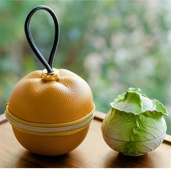 Meets Wealth Travel Portable Tea Set 1 Pot 2 Cups Outdoor Tea Maker Carry Bags Creative Cabbage Gradient Green Ceramic Tea Set