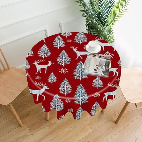 RKSupls 60 Inch Round Tablecloth, Reindeer Tree Red Premium Polyester Straight Edge Wrinkle Resistant Washable Table Cover for Party Home Dining Decor