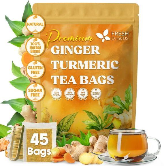 FreshDrinkUS, Premium 45 Ginger Turmeric Tea Bags, 100% Natural Ingredients, Hand-made Blend of Ginger and Turmeric Herbal Tea, Eco-conscious Tea Bags. No Sugar, No Caffeine, No Gluten, Vegan.