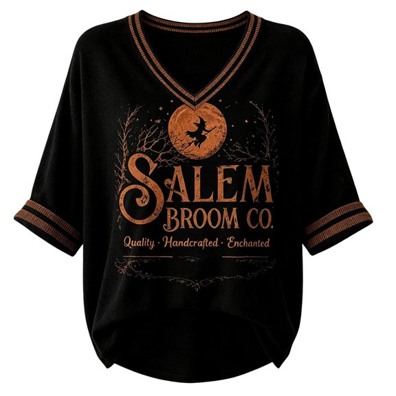 V Neck Sweatshirts for Women 3/4 Sleeve Vintage Witch Broom Graphic Pullover Distressed Casual Fall Halloween Festival Events Top Black M