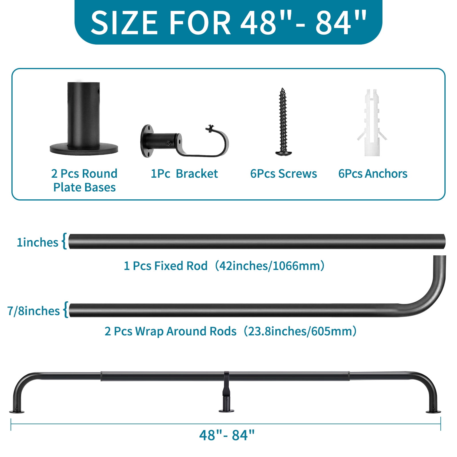 Meriville 1-Inch Diameter Wrap Around Blackout Curtain Rod, 48-Inch to 84-Inch, Black Finish with Round Base