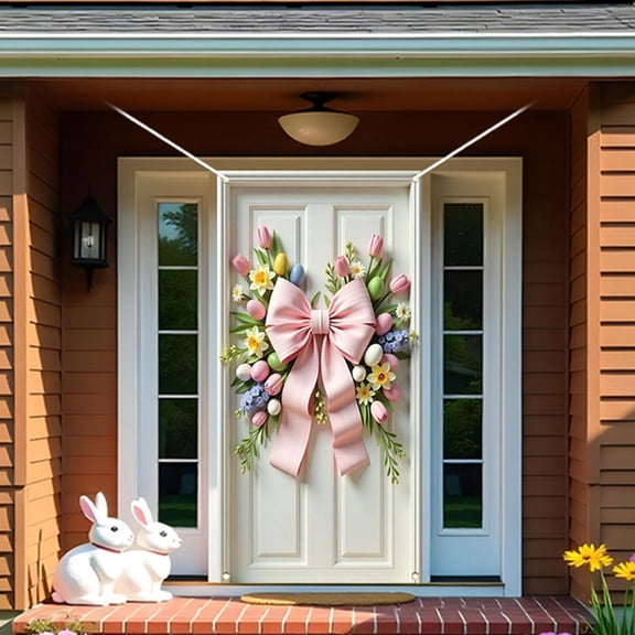 Taicans Easter Door cover - Floral Wreath with Pink Bow for Front Door Decor,Spring Holiday Door Hanging for Home Party,Festive Entryway Decoration,70.9x35.4 Inch