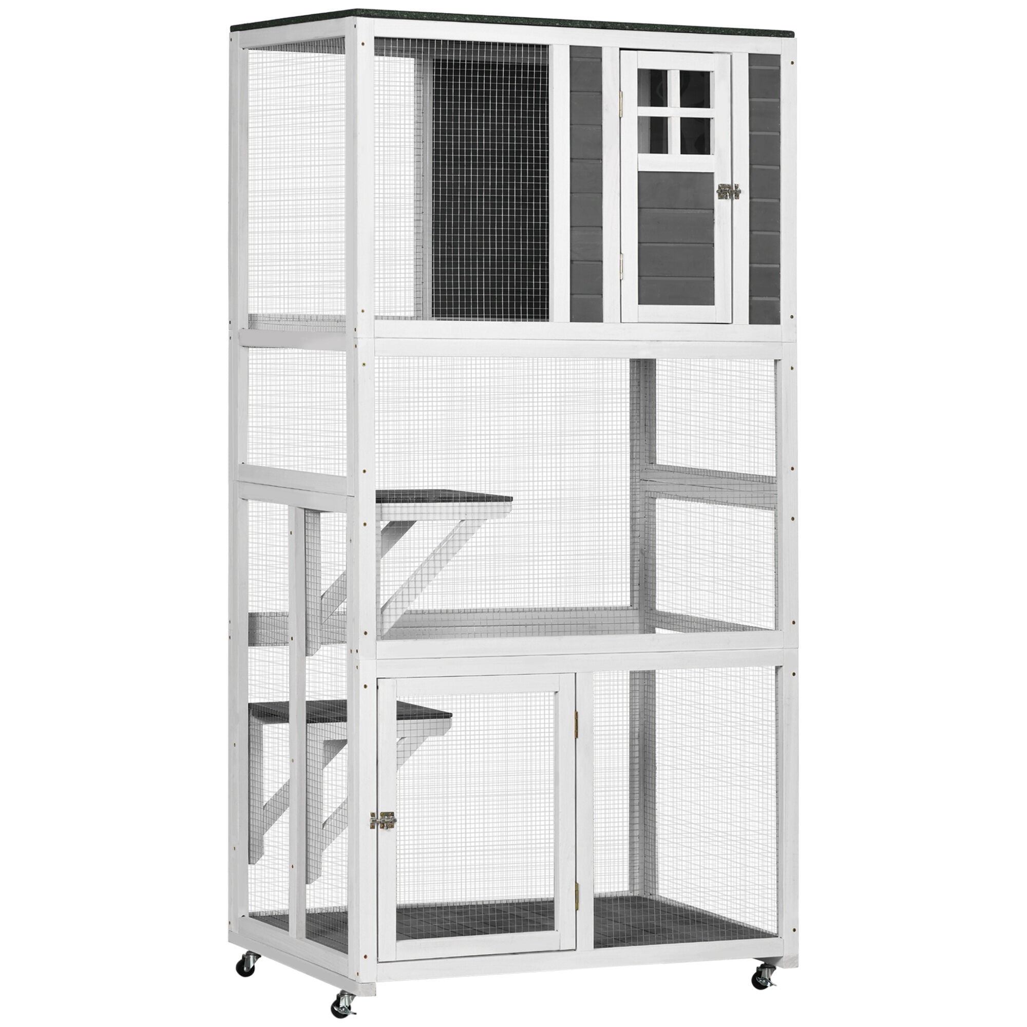 PawHut 74 Wooden Outdoor Cat House Weatherproof Wheeled Catio for Large Cats, Gray