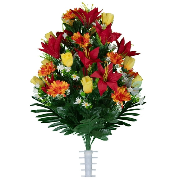 Sympathy Silks Artificial Cemetery Flowers Red Lilies with Sunrise Daisies and Yellow Roses for Outdoor Vase