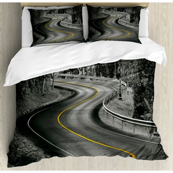 Black and White Duvet Cover Set Queen Size, Curvy Asphalt Road with Yellow Line in Middle Nature Forest Trees, Decorative 3 Piece Bedding Set with 2 Pillow Shams, Black Grey Yellow, by Ambesonne