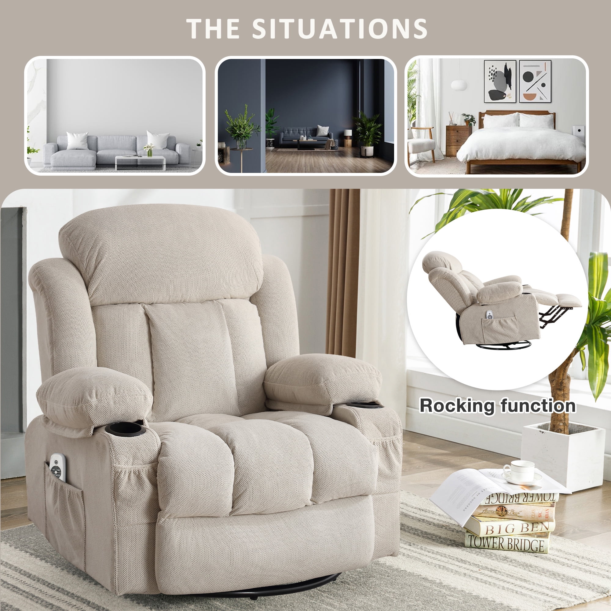 Segmart Swivel Recliner Chair with Massage & Heat Pad, 360° Rotating Sofa Chair with USB Port, Cup Holders & Storage Pockets,Soft Velvet Fabric Lounge Chair for Living Room,Beige