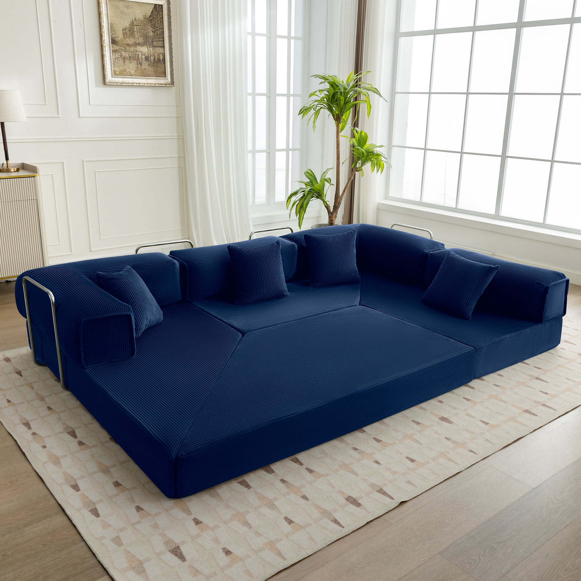 COOLHUT 106.3" W Combination Sofa, High Rebound Density Sponge Sofa Couch, Modular Sectional Sofa L-Shape Corduroy Couch with Chaise, Big Comfy Sleeper Floor Sofa for Living Room, Navy Blue