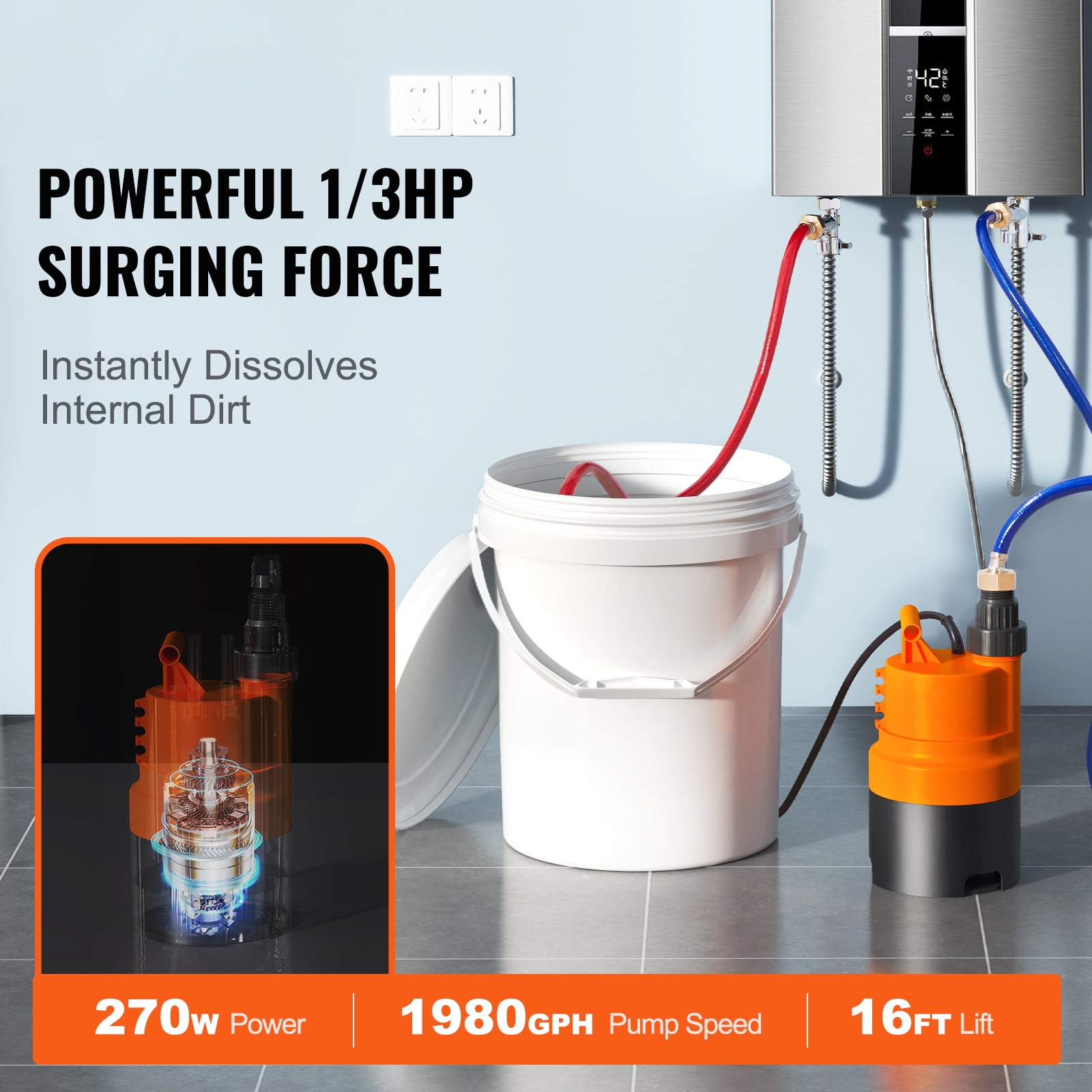 KFFKFF Water Heater Flush Tankless Kit with Pump and 5 Gallon Bucket and Descaling