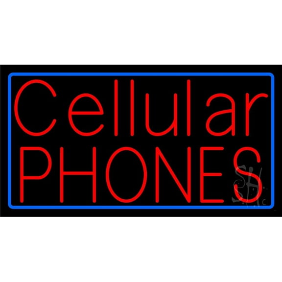 Red Cellular Phones Blue Border LED Neon Sign 20 x 37 - inches, Clear Edge Cut Acrylic Backing, with Dimmer - Bright and Premium built indoor LED Neon Sign for Computer & Electronics store decor.