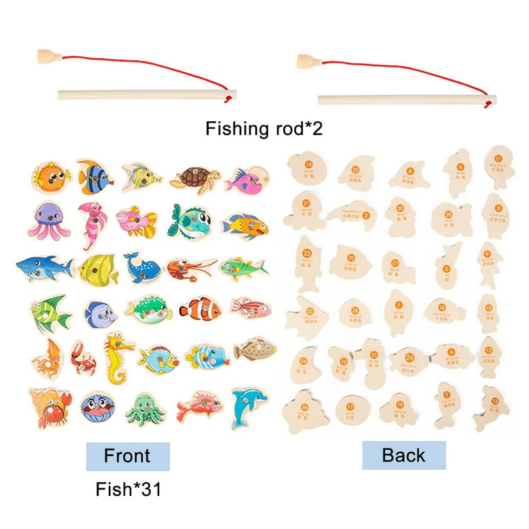 Wooden Magnetic Fishing Toys for Baby Cartoon Marine Life Cognition Fish  Games Education Parent-Child Interactive A Set(15Pcs)/B Set(31pcs)