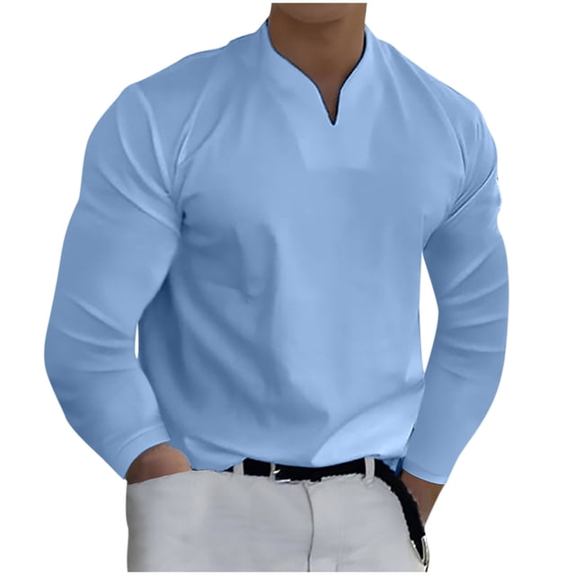 tops para hombre camisas blusas elegante casual camisas de manga larga camisa sólido cuello en v jersey odeerbi odb-5 camisa azul de manga larga con cuello en V, vista frontal centrada del torso masculino, silueta regular, tejido liso de poliéster y corte recto, color azul sólido, combinada con pantalón claro y cinturón sobre fondo blanco; apta para uso casual diario y para capas ligeras en otoño y primavera.