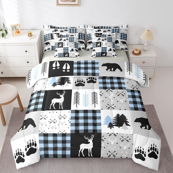Castle Fairy Teens Safari Deer Bear Twin Bedding Sets,Plaid Bedding Comforter Set