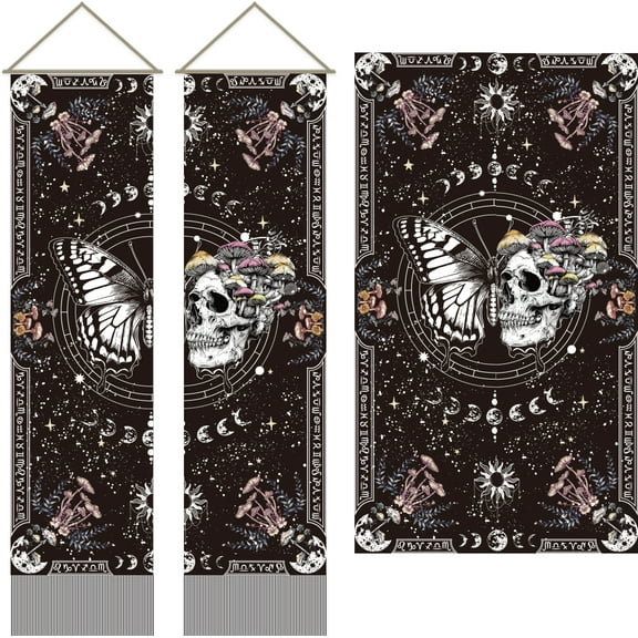 1Set 2Pcs Butterfly Skull Tapestry Skeleton and Mushroom Long Vertical Tapestry Wall Hanging Plants Tassel Wall Tapestry Mystic Aesthetic Tapestry for Bedroom and Living Room(45.7x13 Inch)
