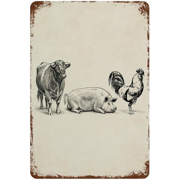 Farm Animals Metal Tin Sign, Retro Cow Pig Rooster Wall Art, Rustic Decorative Plaque, 8x12 Inch