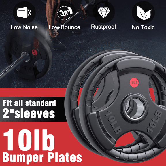 GIKPAL 10LB Weight Plate 2-Inch Rubber Coated Olympic Grip Plate in Pairs or Single for Strength Training, Weightlifting, Crossfit, Solid Cast Iron Weight Plate for Barbell, Black