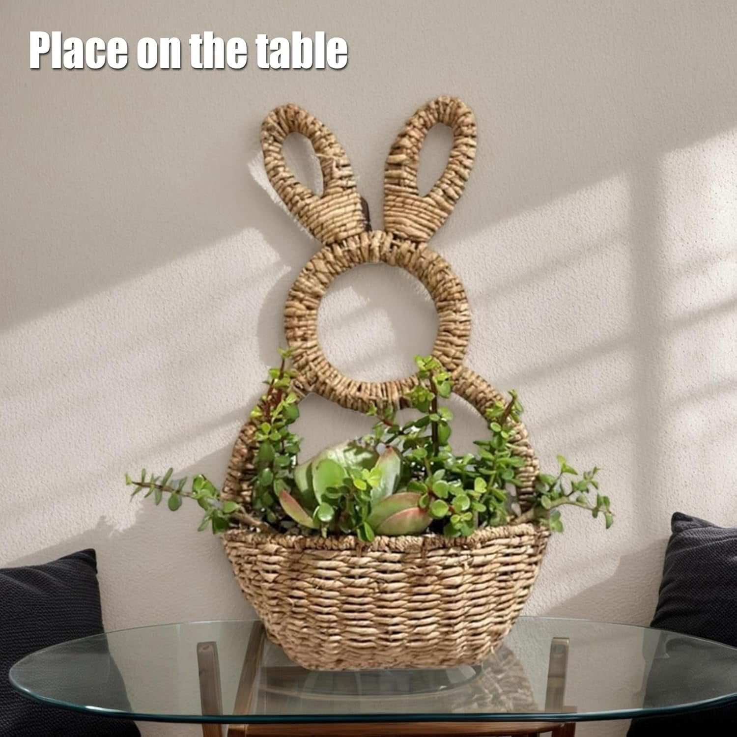 Bunny Basket Hanging Wall Pocket Spring Decor, Hand Woven Wicker Easter Basket Hanging Ornament, Handmade Wicker Easter Candy Eggs Baskets for Easter Eggs Storage (1PCS)