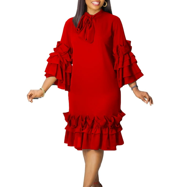 Casual Dresses For Womens Fashion Ruffle Hem Flare Sleeve Plus Size Maxi  Dress - Walmart.com