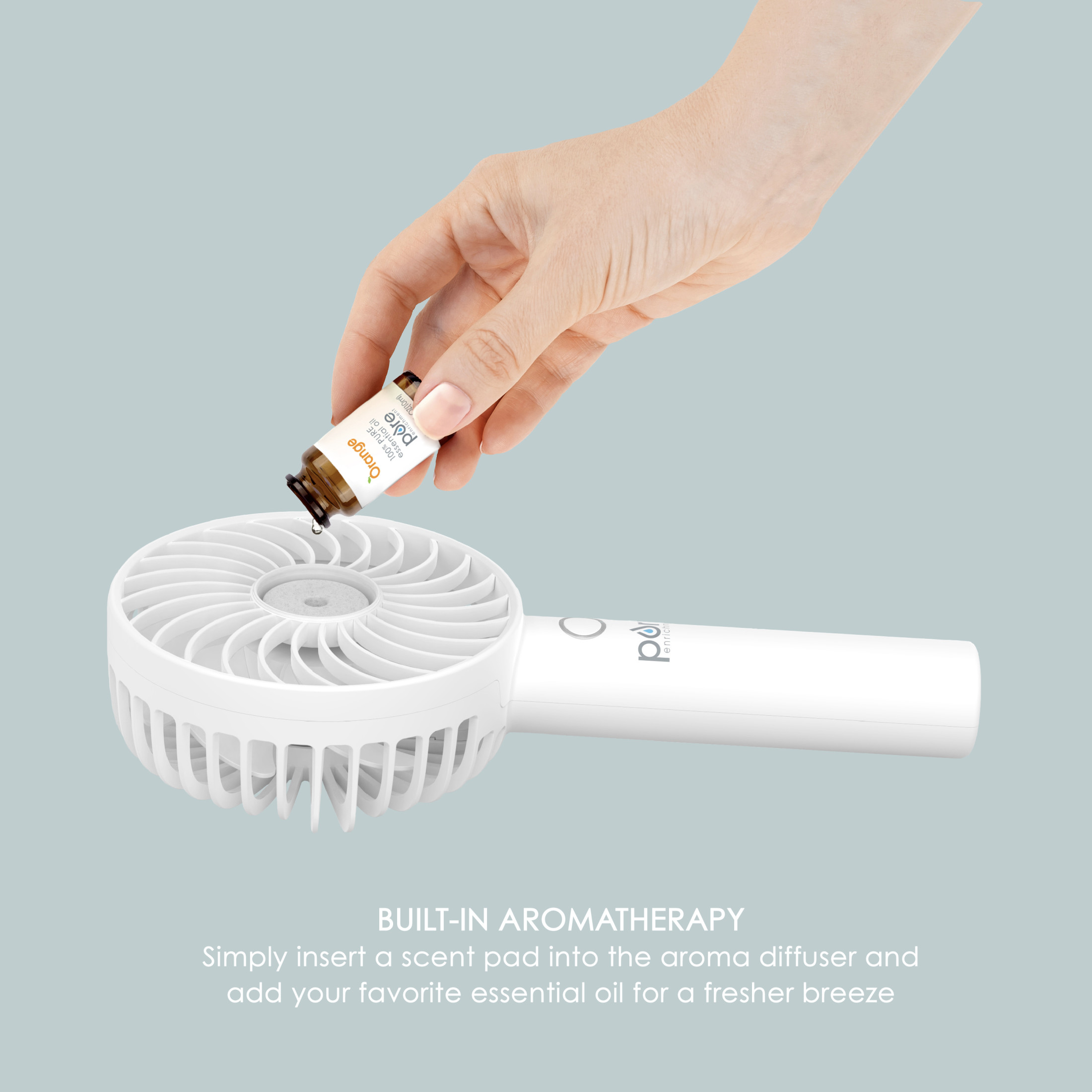 Pure Enrichment PureBreeze Personal Handheld Fan with Base - 3 Fan Speeds, Built-In Rechargeable Lithium-Ion Battery, Lightweight Portable Design, Soothing Optional Aromatherapy Tank, USB Charger