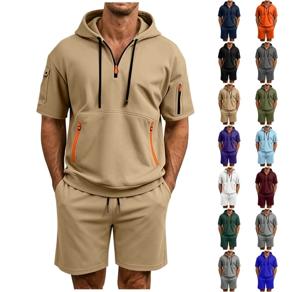 Men 2 Piece Short Sleeve Hoodie Tracksuit Set, Summer Quarter Zip Hooded Top & Elastic Waist Pocket Shorts, Soft Casual Athletic Outfit White XL(XL)