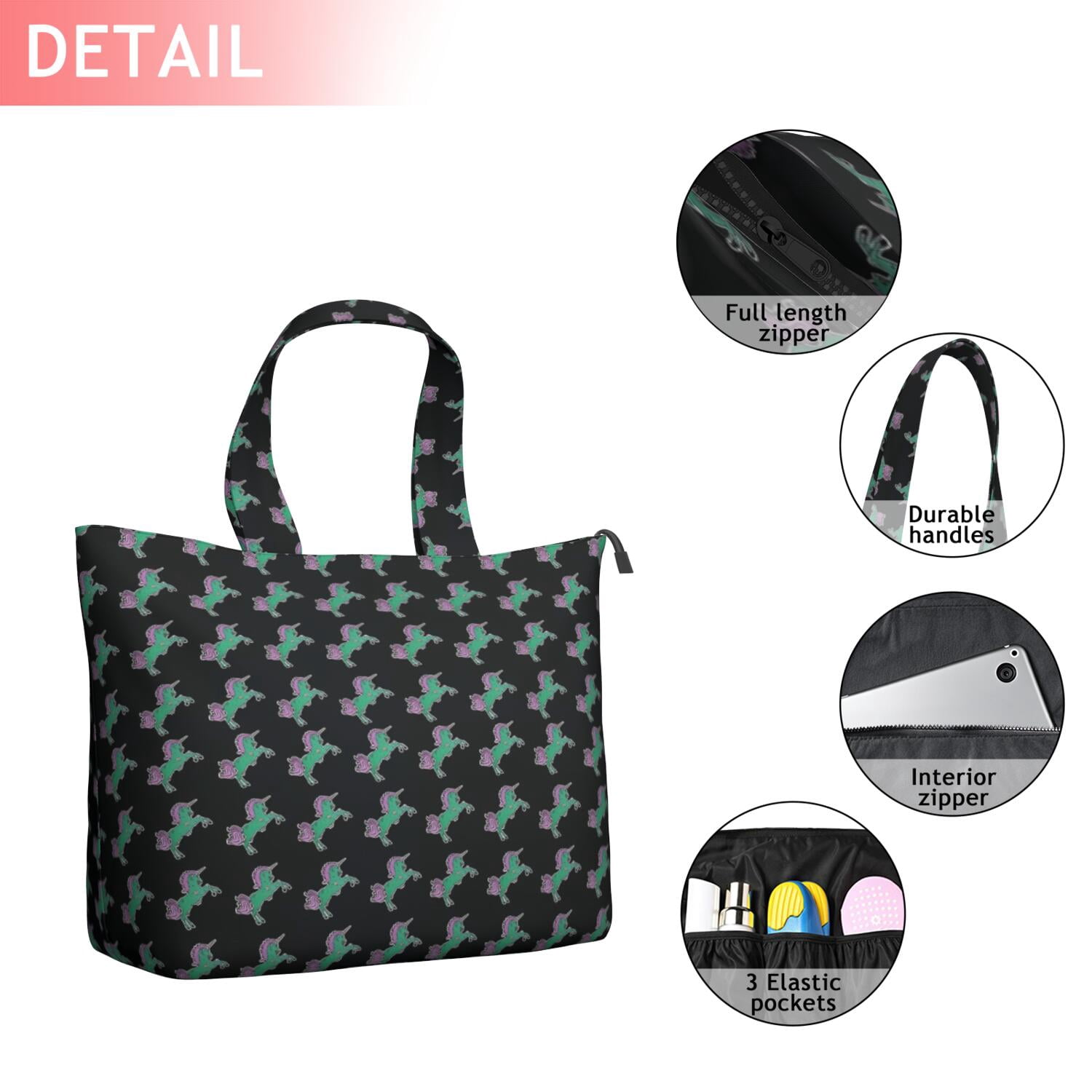 Black Cartoon Unicorn Pattern Travel Tote Bags for Women Carry On,Large Weekender Bags for Women Travel,Multi Functional Duffle Bag for Work,Shopping,Sports