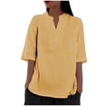 thumbnail image 2 of Fanxing Linen Cotton Shirts for Women Plus Size Tops Gauze Linen V Collar Henley Blouses Oversized Summer Elbow Sleeve Workout Tops S-2XL, 2 of 5