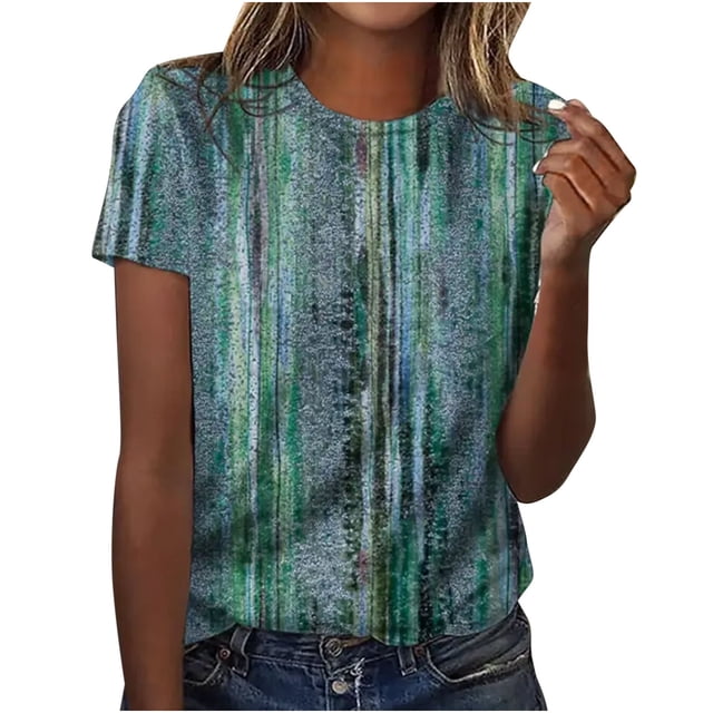 Mujeres moda verano Sexy pliegue impreso regular mujeres manga corta cuello redondo botón Top OAVQHLG3B Store lin121212