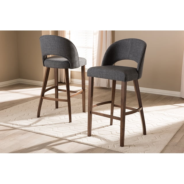 Baxton Studio Melrose Tabouret de Bar en Tissu Gris Foncé Style Mid-Century Moderne Finition Noyer (Ensemble de 2)