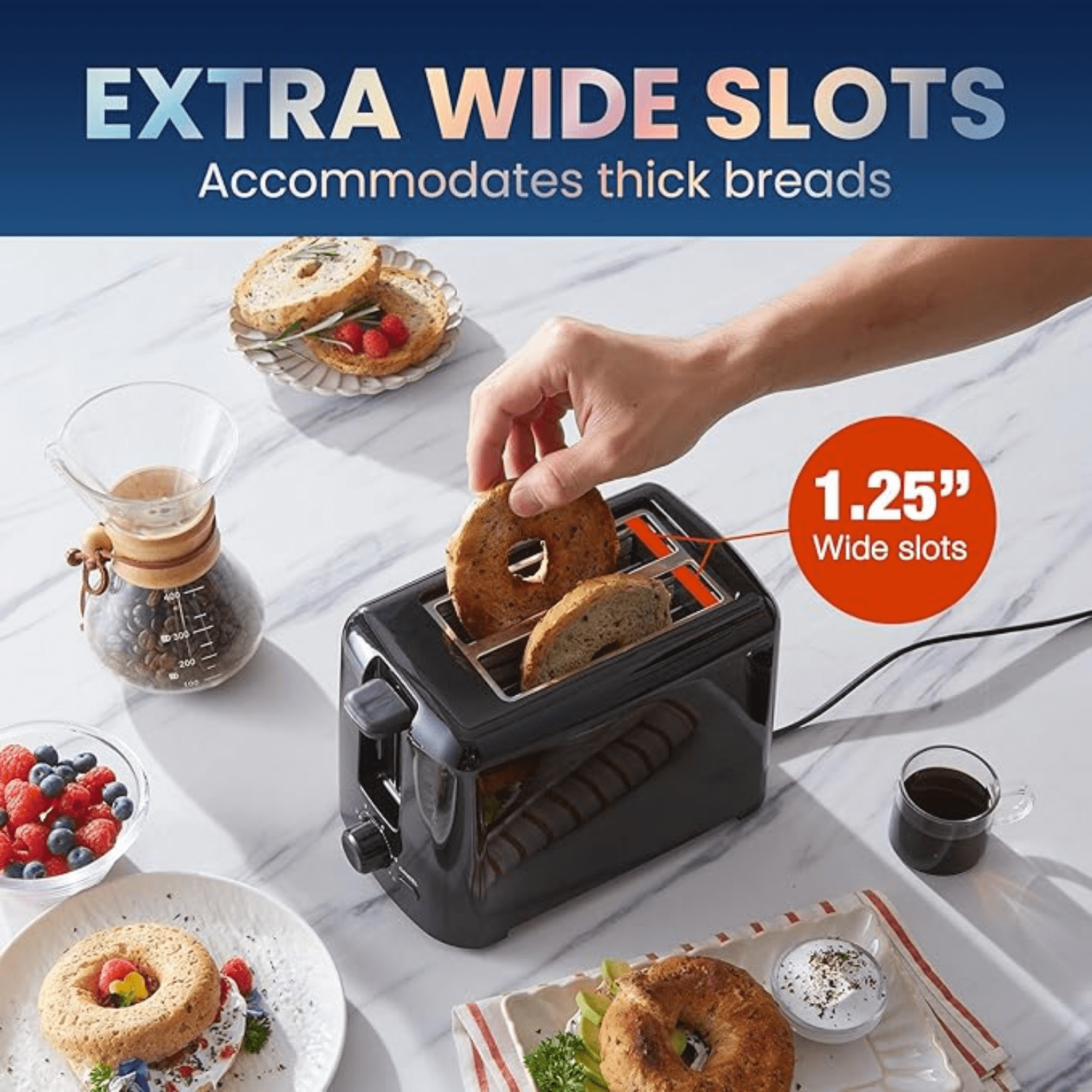 Compact Cool Touch Toaster, 6 Customizable Browning Levels, 1.25" Wide Slots for Bagels, Waffles, Pastries, Snacks, 2 Slices, Black