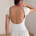thumbnail image 6 of Women's U-Shaped Backless Short-Sleeve Tops Solid Color Boat Neck Base T-Shirt Bodycon Casual Tees Yoga Workout Tops White, 6 of 7