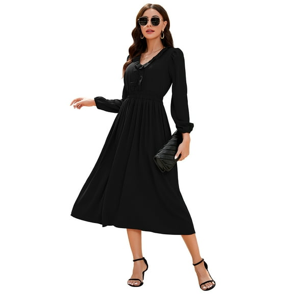 Yesfashion Women's Ruffle Trim V Neck Long Sleeve Solid Bohemian Casual High Waist Pleated Maxi Party Dress