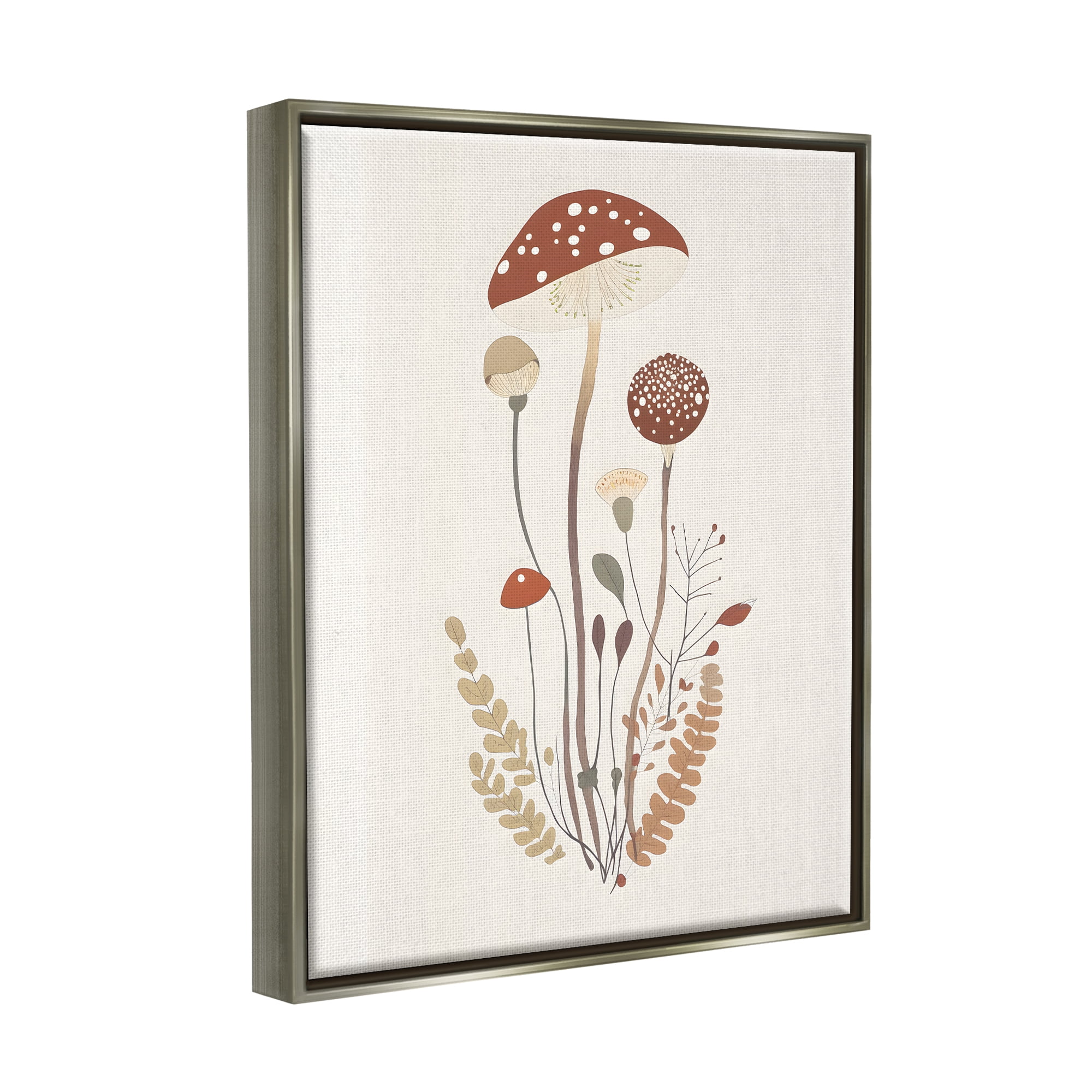 Stupell Industries Mushrooms & Fern Sprigs Botanical & Floral Painting Gray Floater Framed Canvas Art Print Wall Art, 17 x 21