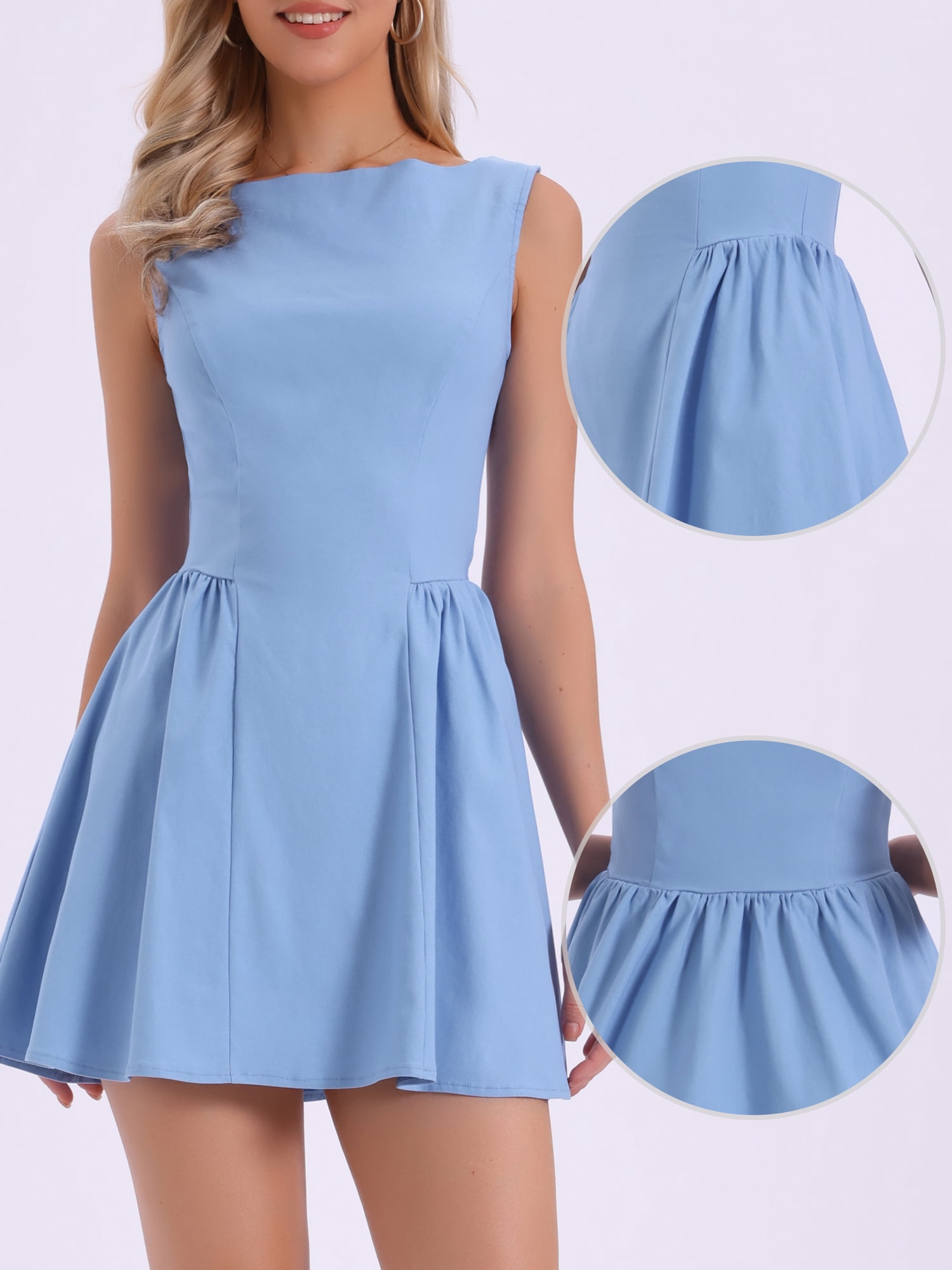 DARING DIVA Women's Sleeveless Boat Neck A Line Office Work Dress S Blue