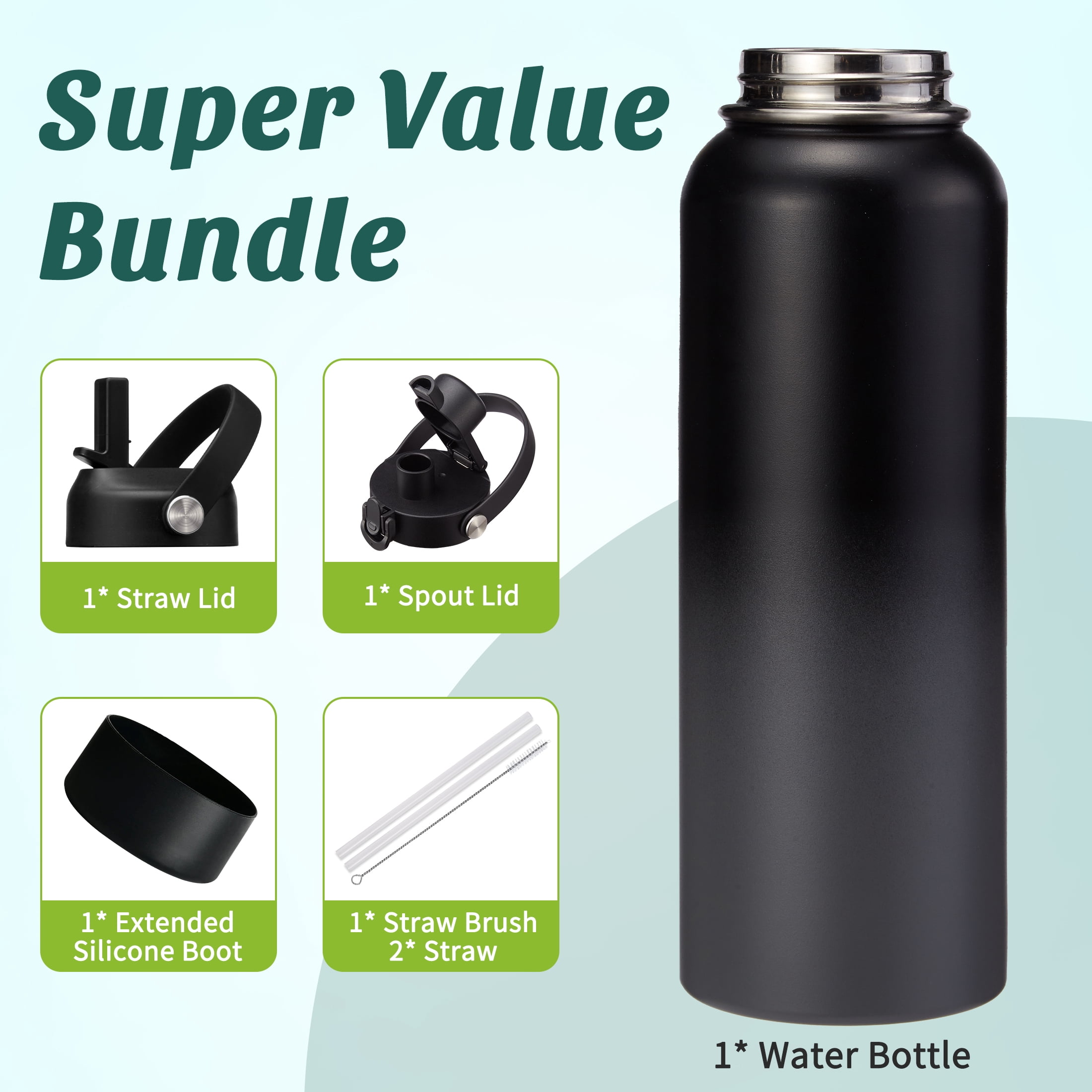 Stainless Steel Water Bottle 40OZ - with Straw & Spout Lids, Protective Boot, Vacuum Insulated Water Flask, Leak Proof Metal Water Bottle for Sports Gym Workout Travel Hiking