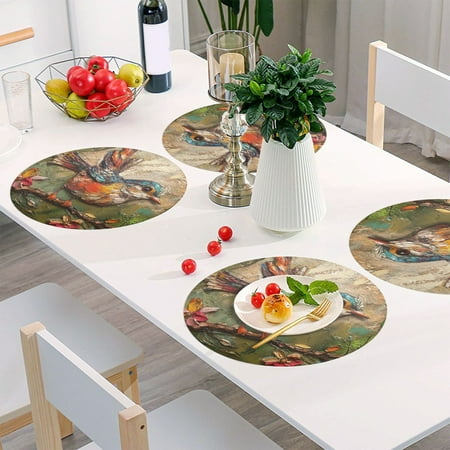 

Round Grid Placemat One Sizex6 Round Placemat PVC Plate Mat，15.4 Inch Non-Slip and Heat Resistant Table Placemat Dining Room Placemat Colored Oil Painting Bird