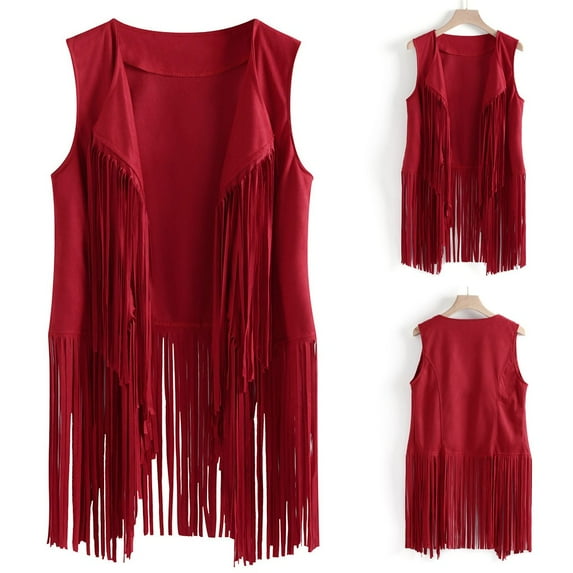 Dvkptbk Women Autumn Winter Suede Ethnic Sleeveless Tassels Fringed Vest Cardigan Red XXXL