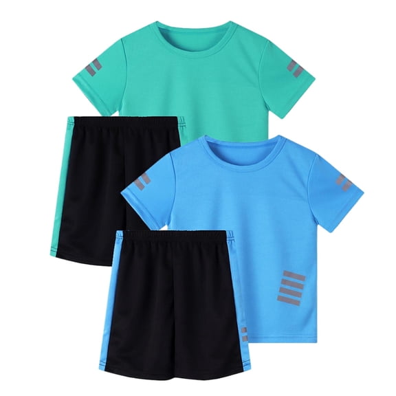 Boys Athletic Clothing Sets 4 Piece, Crewneck Short Sleeve T-Shirts and Shorts with Reflective Tape, Sports School PE Tracksuit Breathable Quick Dry Football Training Activewear Summer Outfits