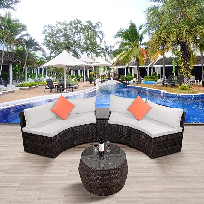 2020 Patio Furniture Sofa Sets, 6Pcs Half-Moon Rattan Brown Wicker