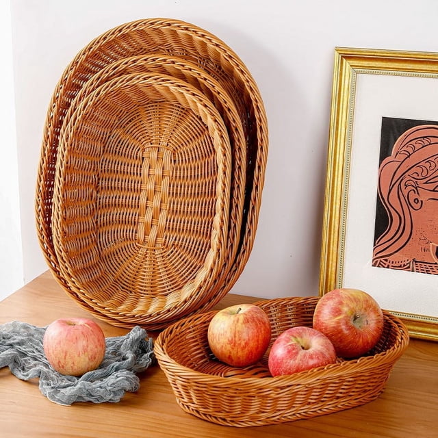 Cesta de frutas de ratán, pan para bocadillos, plato de frutas y verduras, almacenamiento de escritorio, cesta de flores, cesta de almacenamiento tejida a mano