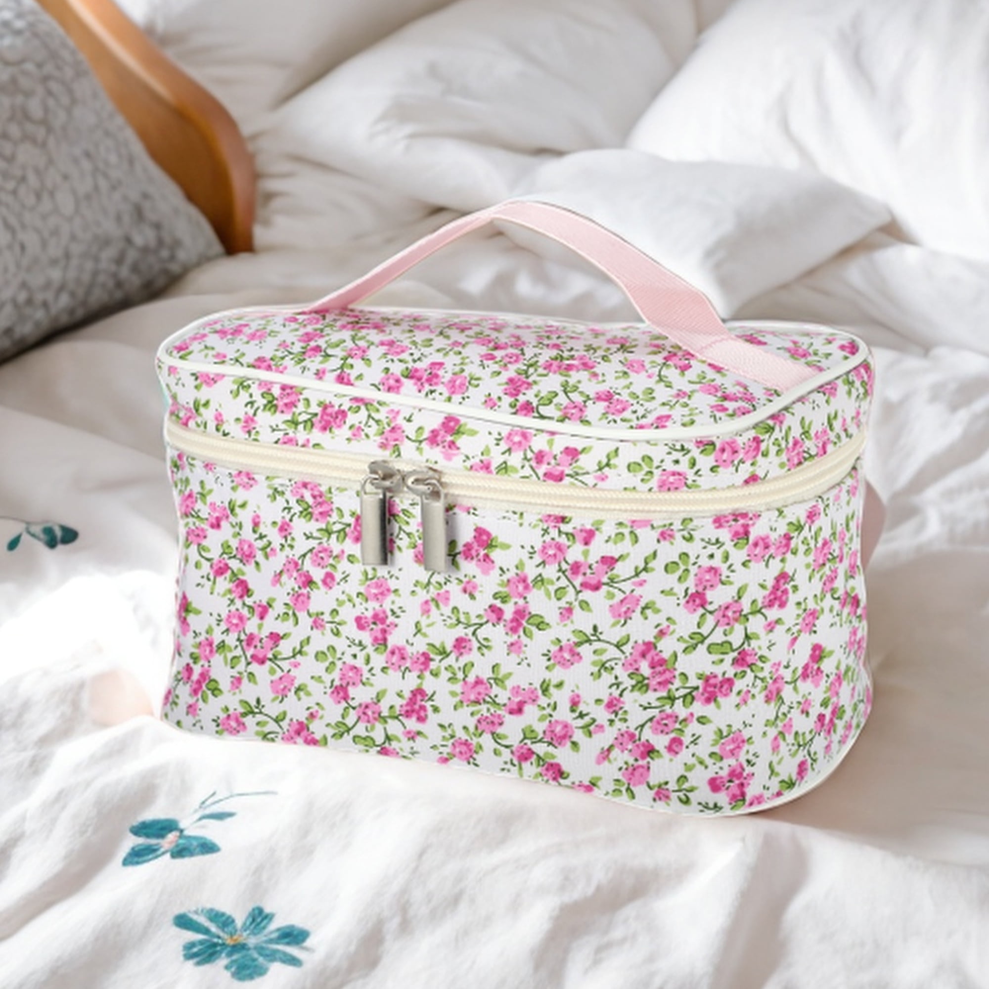 Unique Bargains 1Pc Beautiful Floral Storage Cosmetic Bag for Women's Toiletry Rose Red