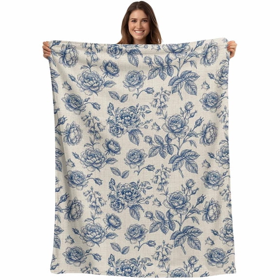 Navy Blue Rose Blanket Soft Cozy Warm Throw Blanket for Couch, Plush Fuzzy Flannel Blankets for Sofa, Farmhouse Vintage Botanical Floral Burlap Bed Blankets Lightweight Gifts for Women, 50"x60"
