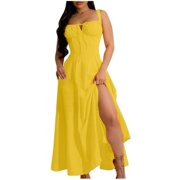yillto Cocktail Dresses for Women Long Square Neck Sleeveless Split Dresses Casual Elegant Party Dresses