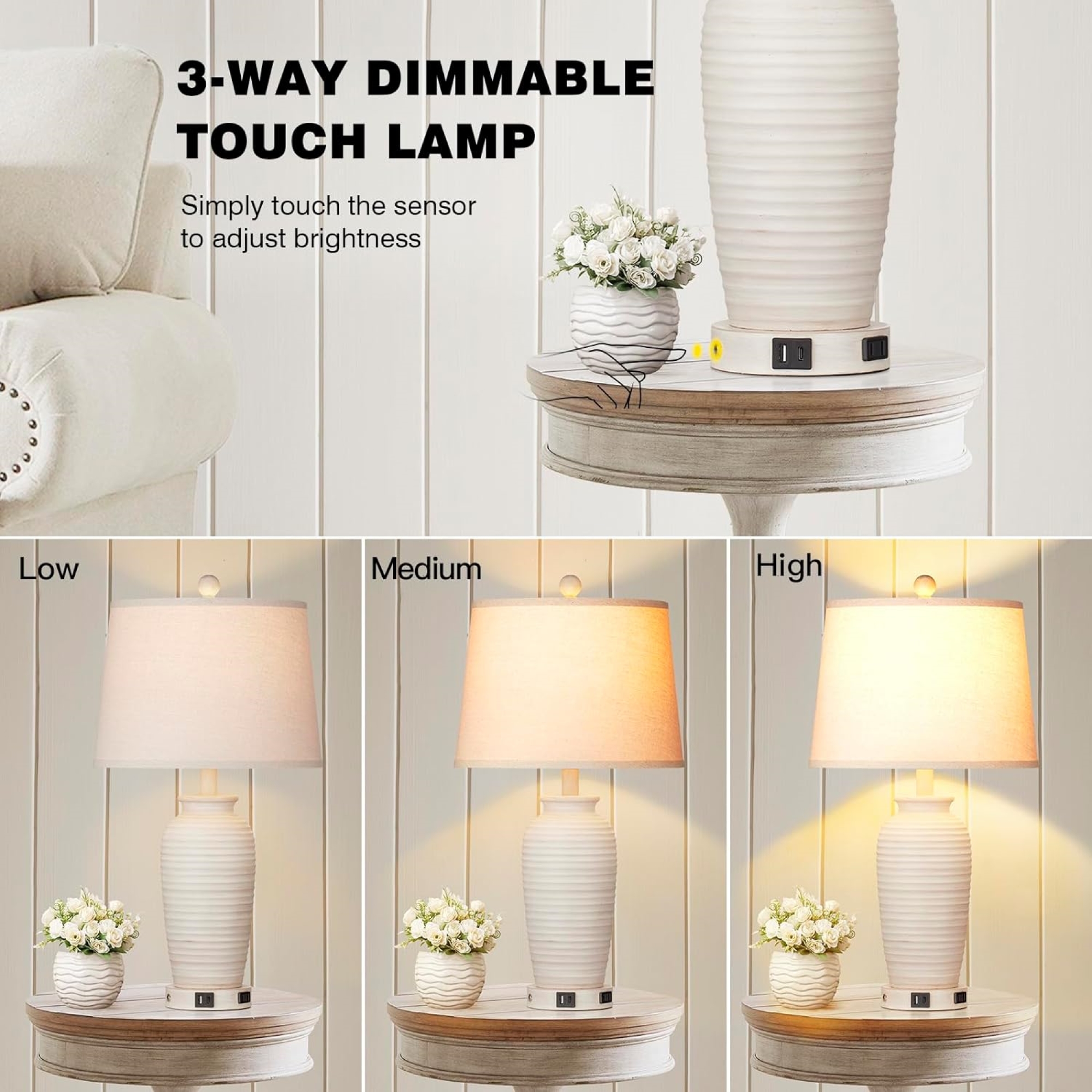 Cinkeda 25" Touch Control Table Lamp Set of 2, White Resin Jar photo 2