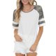 thumbnail image 3 of Top de mujer con cuello redondo, camiseta con bloques de color de camuflaje, túnica informal, cuello redondo, blusa de algodón de manga corta a rayas, Top blanco XL, 3 of 5