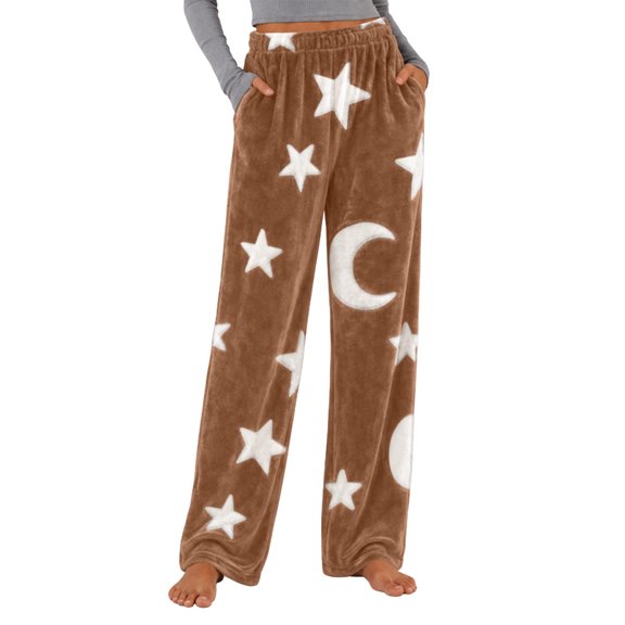 Kezqiaxn Comfy Pants Women Fleece Stretchy High Waisted Warm Lounge Pants with Pockets Fall Pajama Bottoms Plus Size Fashion Coffee A M