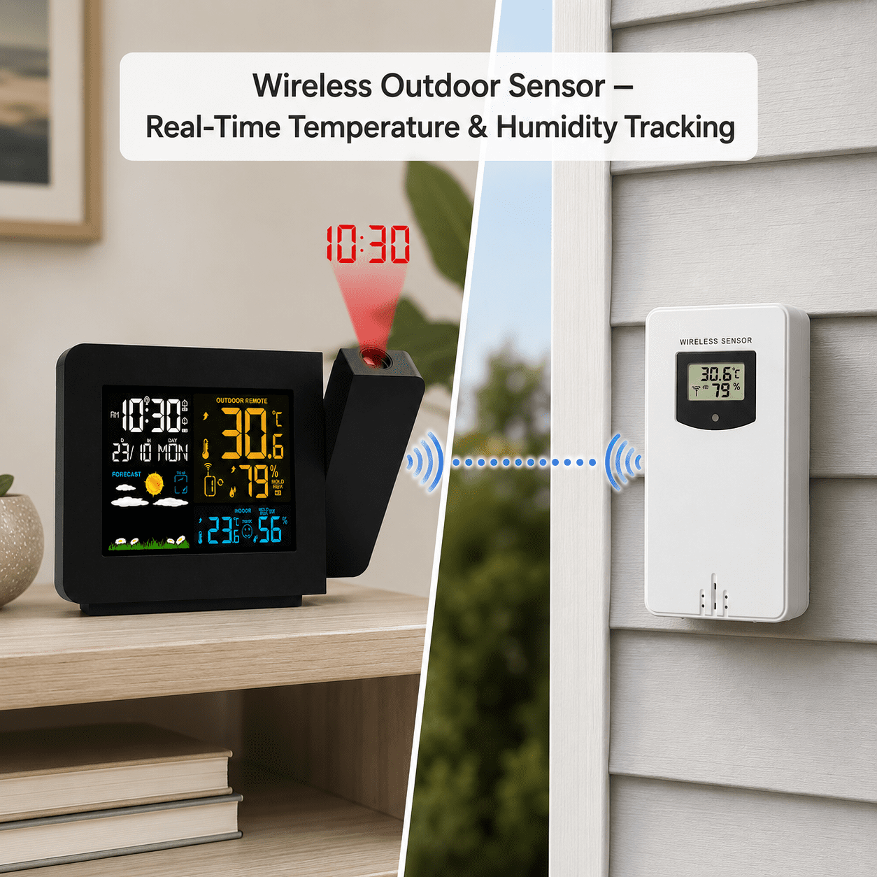 Atomic Projection Alarm Clock with Weather Station, WWVB Radio, Dual Alarms, Snooze, and Wireless Temperature & Humidity Sensor