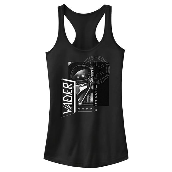 Junior's Star Wars: Obi-Wan Kenobi Darth Vader Grayscale Portrait with Empire Logo Racerback Tank Top Black X Small