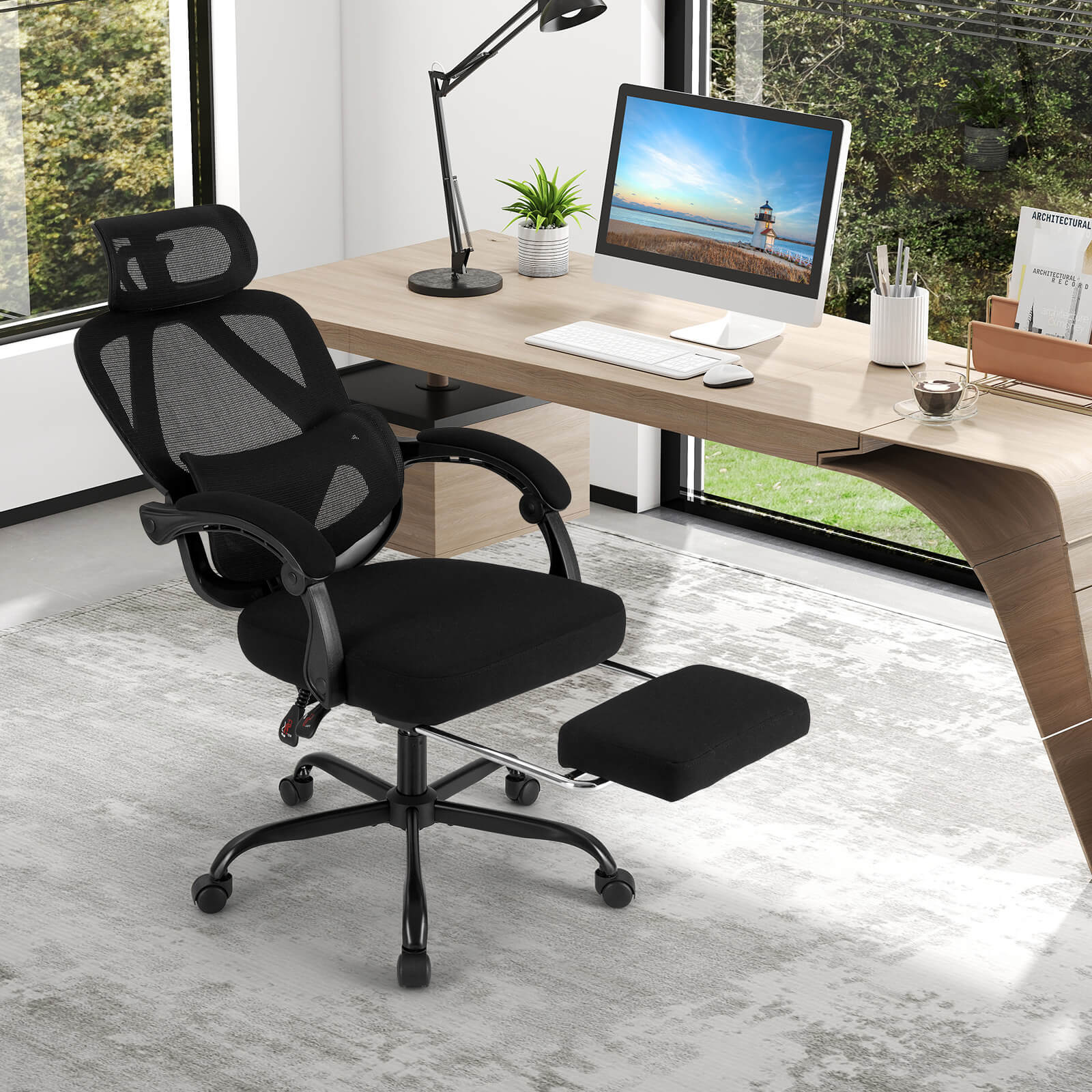 Costway Ergonomic Office Chair with Retractable Footrest & 135° Stepless Tilting Backrest
