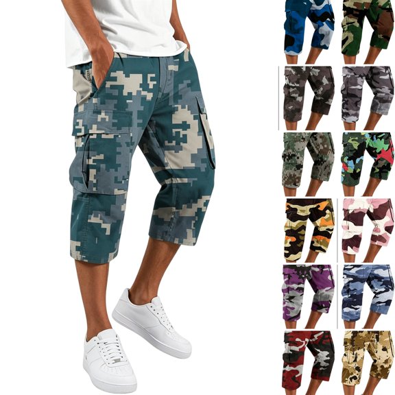 Cargo Shorts for Men Elastic Waist Camo 3/4 Lounge Bermuda Shorts Casual Lightweight Fashion Hiking Shorts with Multiple Pockets Sky Blue XL