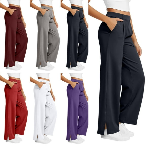 Fashion Pants for Women Sportswear Casual Solid Color Elastic Waist Side Pocket Wide-Leg Yoga Side Slit (Buttocks False Pocket) Sweatpants Navy S-2XL