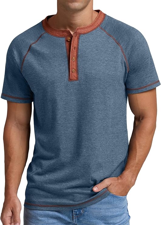 JWD Classic henley style Three button henley closure, Mens Henley Short Sleeve T-Shirt Cotton Casual Shirt Mens ShirtsSummer Daily T-Shirts Blue L